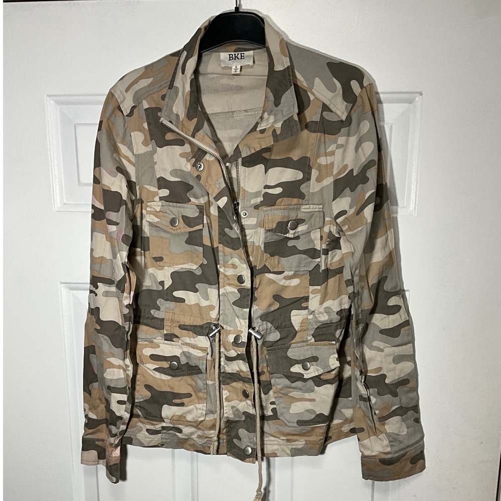 BKE Womens Camo Utility Jacket Small Cotton Camouflage Military Field Coat Tan